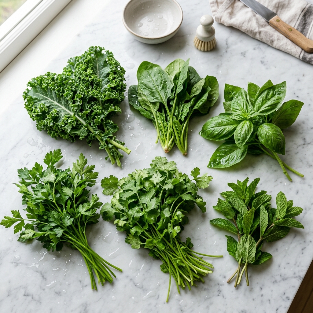 Fresh herbs and leafy greens